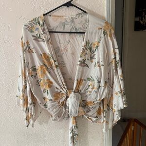 Yellow Green Cream Floral Wrap Top Size Large
